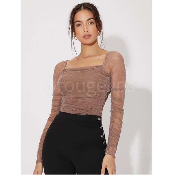 Lurex Sheer Mocha Brown Tan Long Sleeve Square Neck Ruched Tee Top Shirt - Picture 7 of 9